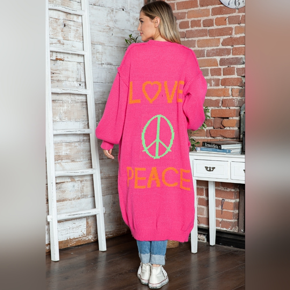 Women’s Hot Pink 'Love Peace' Long Cardigan Sweater